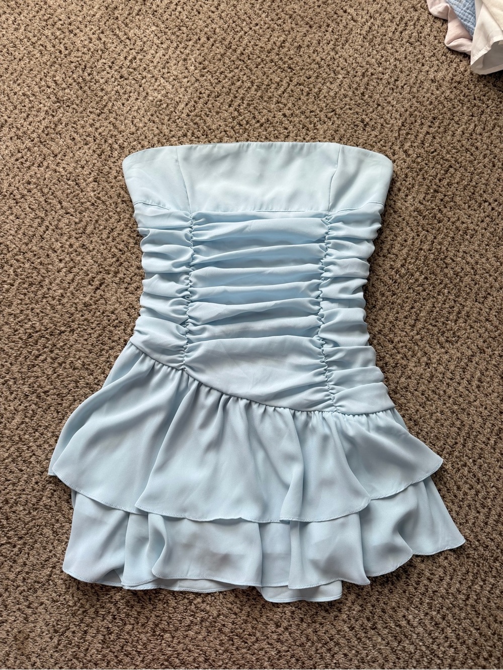 Peppermayo Strapless Ruched Mini Dress in Pale Blue